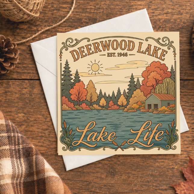 Vieille Vie de Lac Deerwood Rustique  (Rustic autumn artwork scene at Deerwood Lake with boat house by Inspirivity artist, Jennifer Wagner)