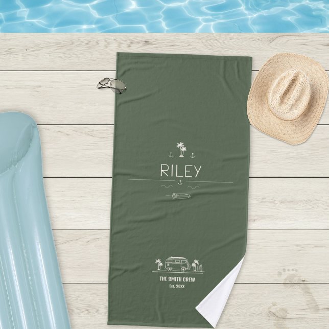 Vieille Vie En Fourgon Olive Vert Surfeur Extérieu (Vintage Van Life Olive Green Outdoor Surfer Bath Towel ©Susanne Sachers - Sunny Wanderlust 🌞✈️)