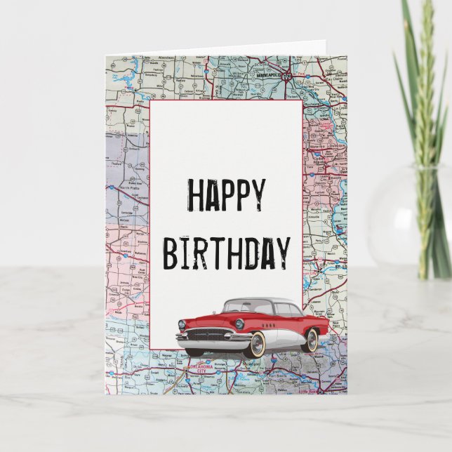Vieille voiture sur la carte routière Anniversaire (Devant)