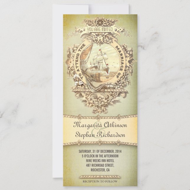 vieilles invitations de mariage nautique vintage (Devant)