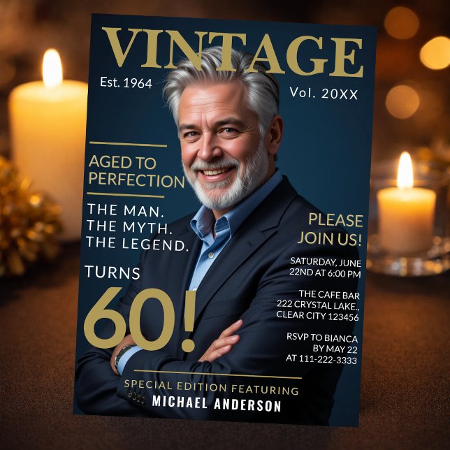 Vieilli à la Perfection Invitation pour les 60 ans (Elegant navy and gold 60th birthday invitation in warm candlelight setting)