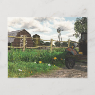 Vielle grange rouge et carte postale Camion rouill