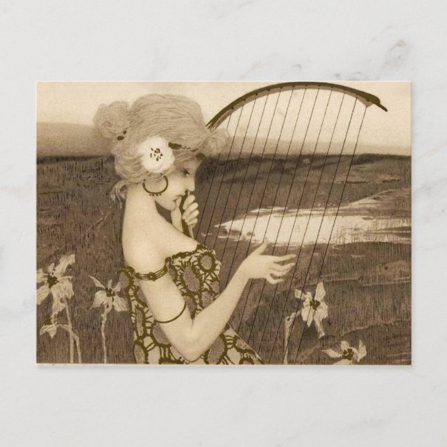 Vierge grecque vintage avec carte postale de harpe (Devant)