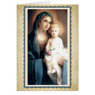 Vierge Marie avec l'enfant Jésus tenant le rose de
