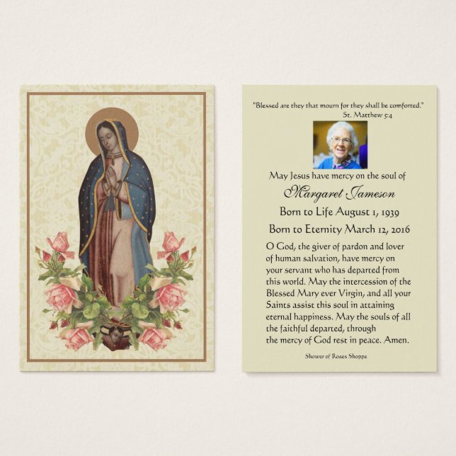 Vierge Marie Guadalupe Prière funéraire Carte Sain (Devant & derrière)