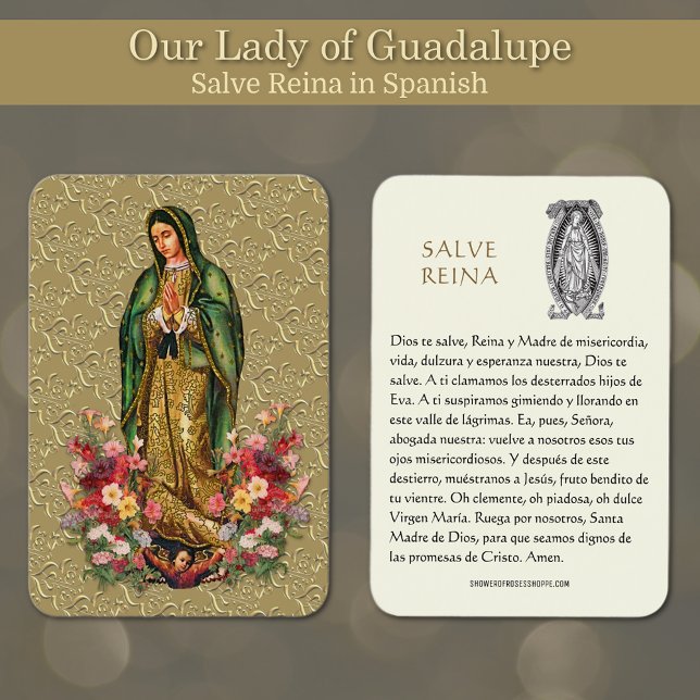 Vierge Marie Salve Reina Espagnol Prière Carte Sai (Featuring a beautiful image of Our Lady of Guadalupe with the Hail Holy Prayer in Spanish.)