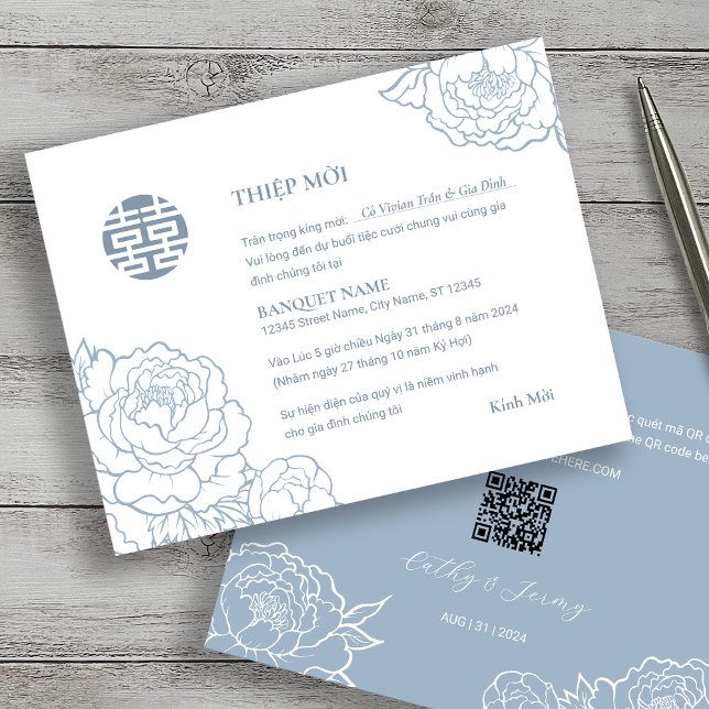 Vietnamien Peony Song Hy Mariage Thiêp Mhonorable  (Front & Back)