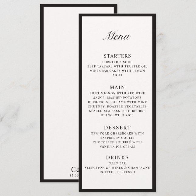 Vieux argent encadré Ivoire Mariage plat menu (Devant / Derrière)