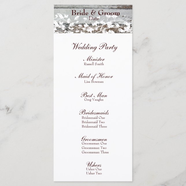 Vieux Bois Blanc Floral Feuilles Programme de mari (Devant)