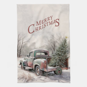 Vieux camion Noël Arbre Serviette de cuisine