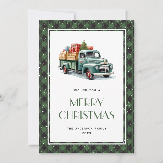 Vieux Camion Vert Plaid Joyeux Carte de Noël (Devant)