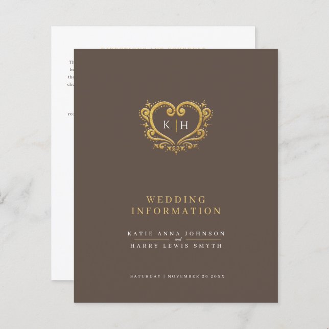Vieux coeur d'or monogramme mariage informations (Devant / Derrière)
