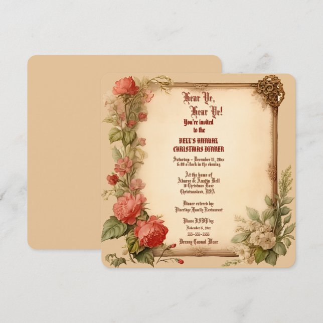 Vieux papier Vintage Rose Noël Dîner Invitation (Devant / Derrière)