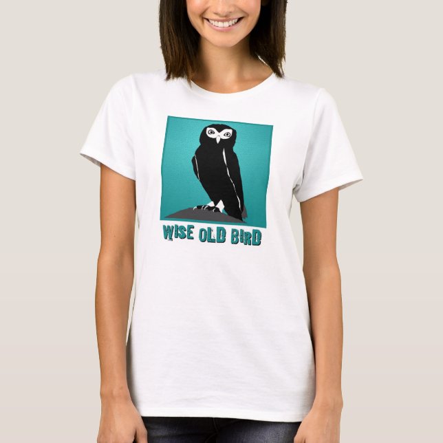 Vieux T-shirt sage d'oiseau - hibou dans Teal (Devant)