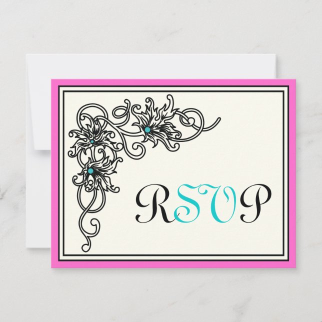Vigne fleurie noir rose turquoise mariage RSVP (Devant)