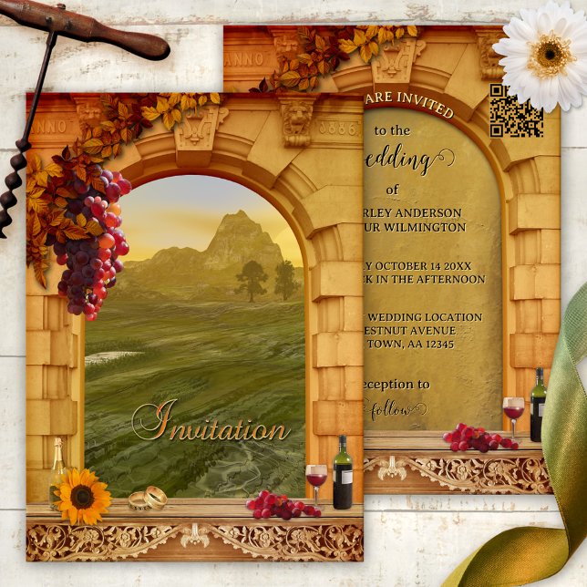 Vignoble italien toscan Invitation Mariage de auto (Vineyard wedding invitation featuring a Tuscan Italian landscape with a Roman arch, grapes and wine)