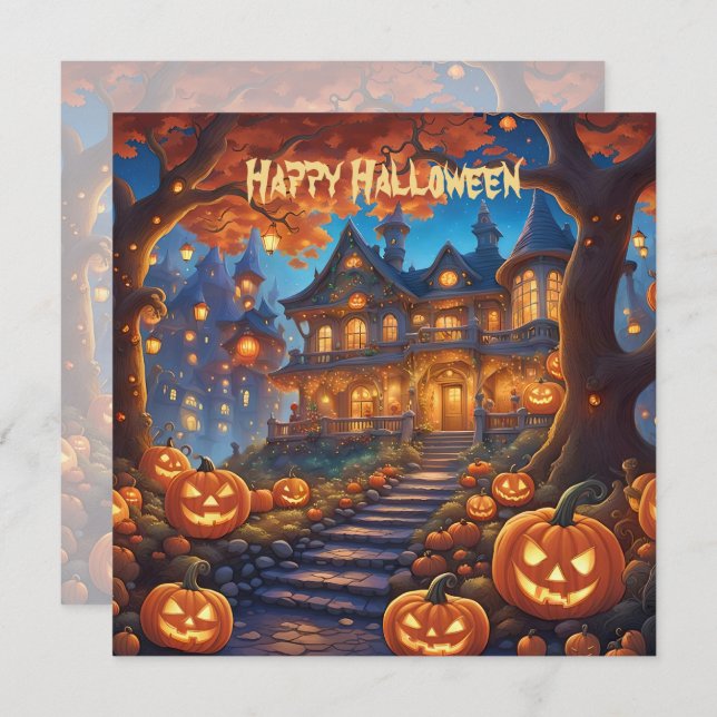 villa éffrayante dans la forêt, citrouilles, Hallo (Devant / Derrière)