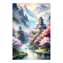 Village aquarelle japonais | Impression de paysage