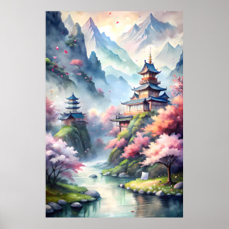 Village aquarelle japonais | Impression de paysage