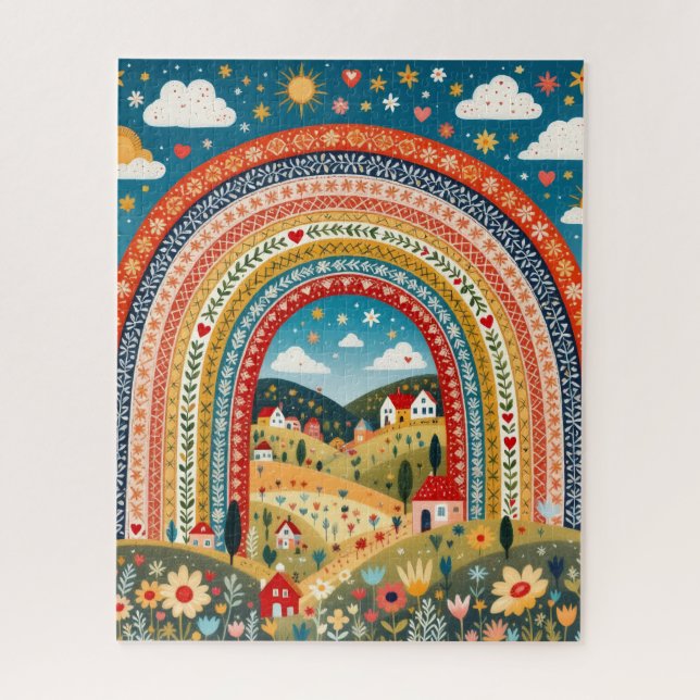 Village arc-en-ciel en art populaire Puzzle (Vertical)