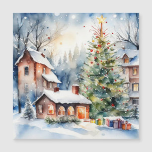 Village de Noël avec sapin de Noël sous la neige