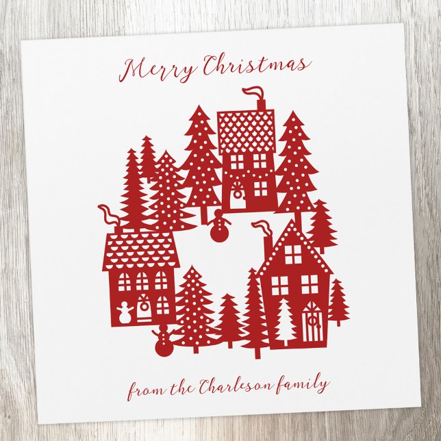 Village de Noël Rouge et Blanc (Personalized Christmas Village red and white card)