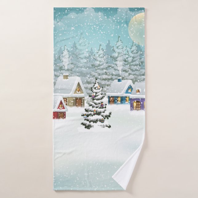 Village paysage d'hiver avec maisons couvertes de  (Serviette de bain)