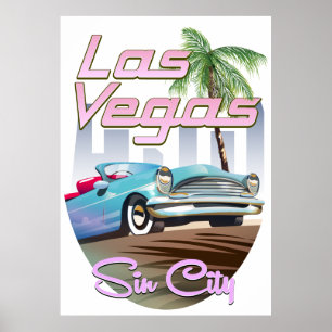 ville du péché affiche de voyage Las Vegas 1980
