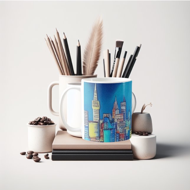 ville la nuit, tasse juste pour vous. (City at night beautiful stocking stuffer coffee mug.)