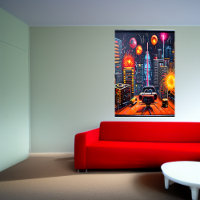 Ville, toit et feu d'artifice| AI Art Poster