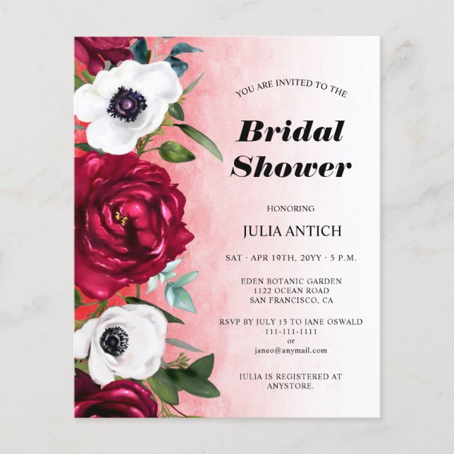 Vin Budget Red Floral nuptiale Invitation (Devant)