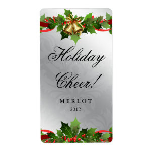Vin de Noël Étiquette Holly Silver Bells Damask