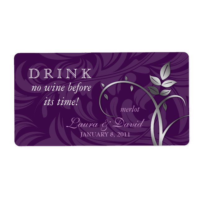 Vin Étiquette feuille tourbillonne d'argent violet (Devant)