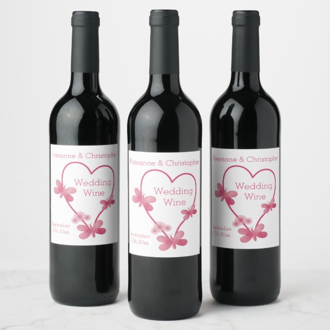 Vin mariage Étiquette Coeur Rose Et Papillons (Bouteilles)