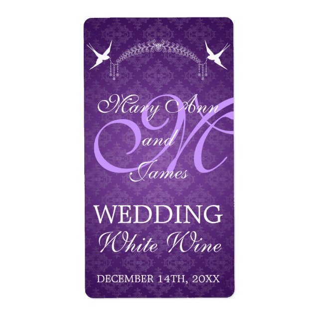 Vin mariage Oiseaux Étiquettes Monogramme violet (Devant)