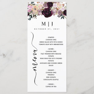 Vin Plum Mauve Automne Floral Menu Mariage