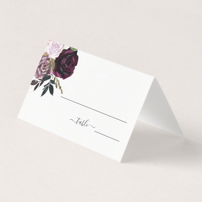 Vin Plum Mauve Floral Mariage Table Place Cartes (Front)