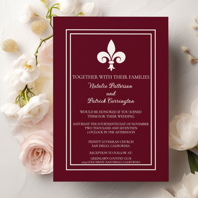 Vin Rouge Fleur de Lis Faire-part de mariage (Wine Red Fleur de Lis Wedding Invitation)