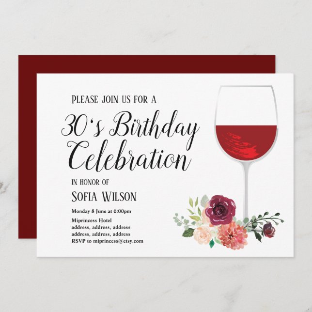 vin rouge, floral, invitation à la fête d'annivers (Devant / Derrière)