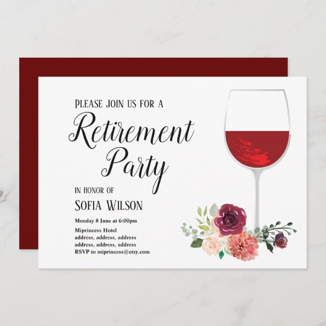 vin rouge, floral, invitation à la retraite (Devant / Derrière)