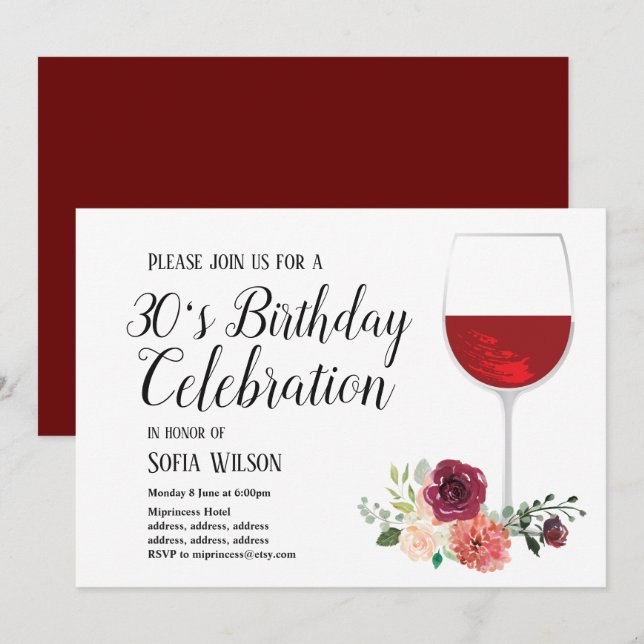 vin rouge, floral, invitation à une fête d'anniver (Devant / Derrière)