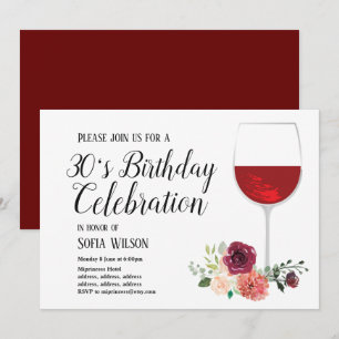 vin rouge, floral, invitation à une fête d'anniver