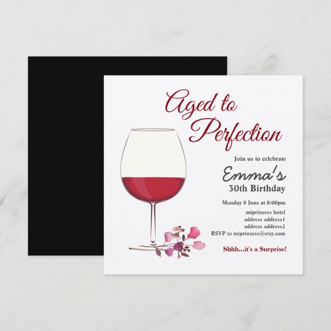 Vin rouge, invitation au vin, Agé à Perfection Inv (Devant / Derrière)