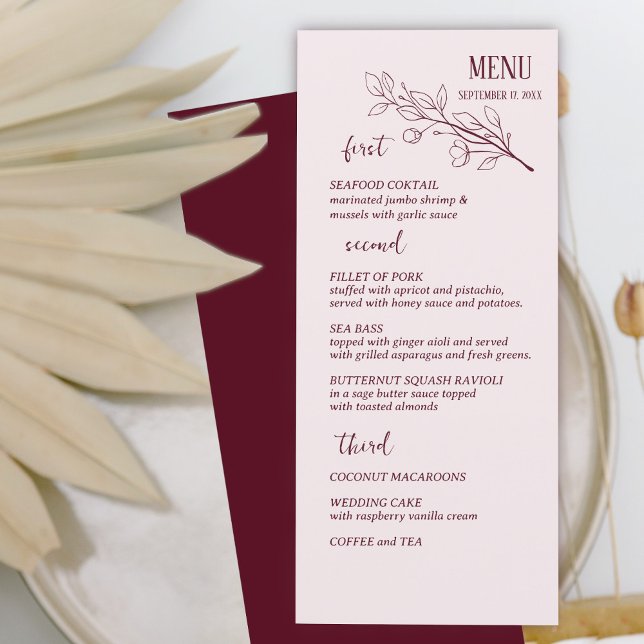 Vin rouge Simple Boho Floral Menu Mariage (Créateur téléchargé)