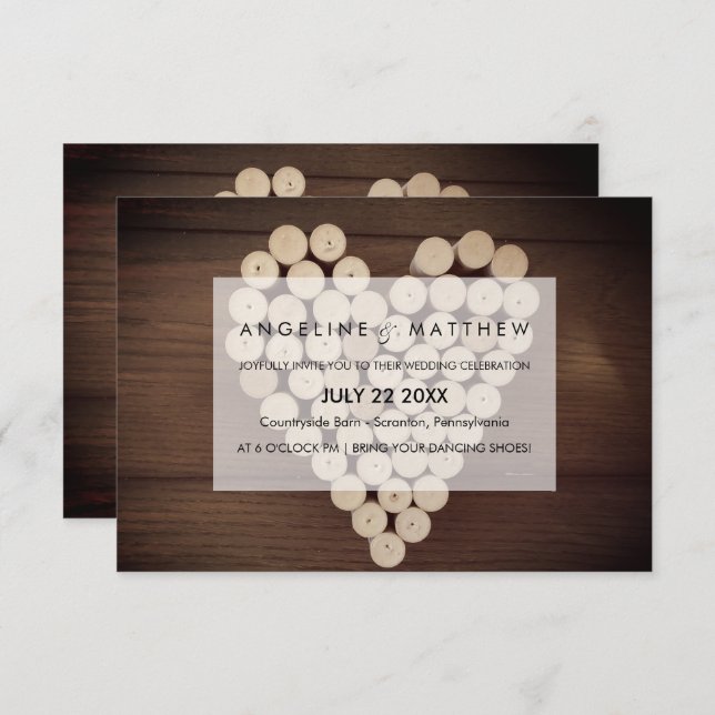 Vin rustique Cork Heart Vignoble Faire-part de mar (Devant / Derrière)