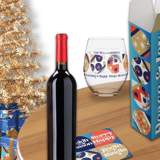 Vin Sans Pied Ensemble de verre à boire Merry Everything & Happy (Listing is for stemless wine glass only, coaster wine box and gift wrapping paper sold separately.)