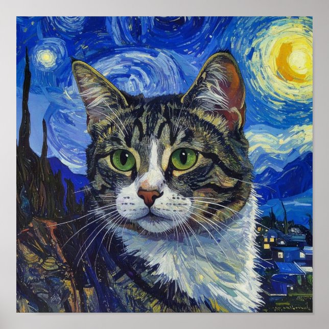 Vincent Van Gogh Starry Night Cat Portrait Poster (Devant)