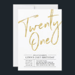 Vingt et un | Gold 21st Birthday Party Invitation<br><div class="desc">Célébrez votre journée spéciale avec cette simple et élégante invitation à la fête du 21e anniversaire. Ce design est doté d'un script de brosse en or chic avec une disposition propre en noir et blanc. D'autres designs sont disponibles dans ma boutique BaraBomDesign.</div>