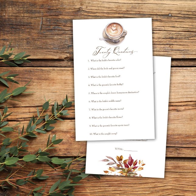 Vingt question amour est brasser café douche jeu (Twenty questions love is brewing coffee fall shower game card cappuccino bridal shower games)