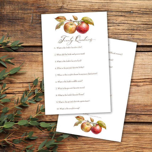 Vingt questions pomme automne nuptiale jeu de douc (Twenty questions apple fall bridal shower game card appley ever after bridal shower games)